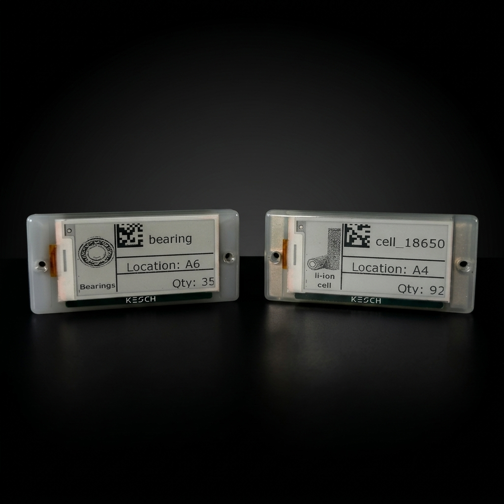 KEPS DP27 passive e-ink label — two units showing bearing and li-ion cell