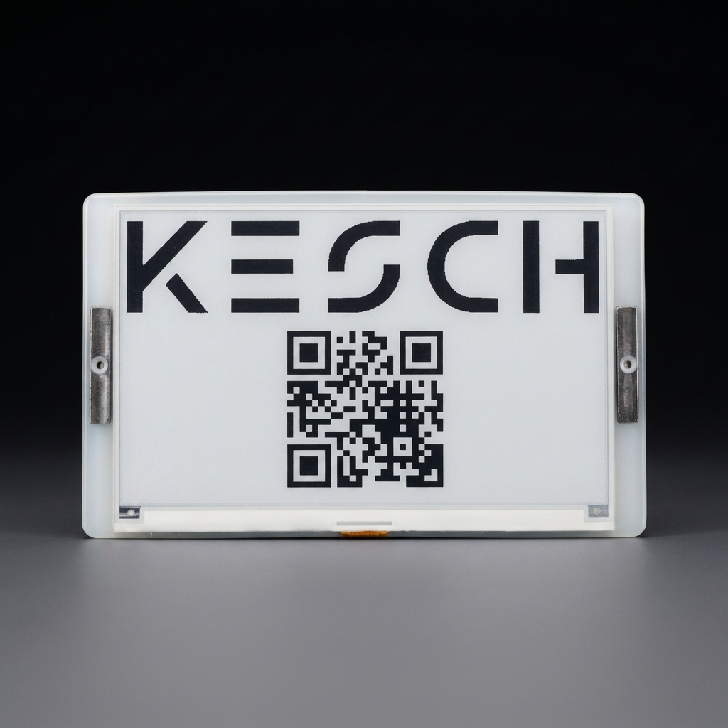KEPS DP75 large-format 7.5 inch passive e-ink label showing KESCH logo and QR code