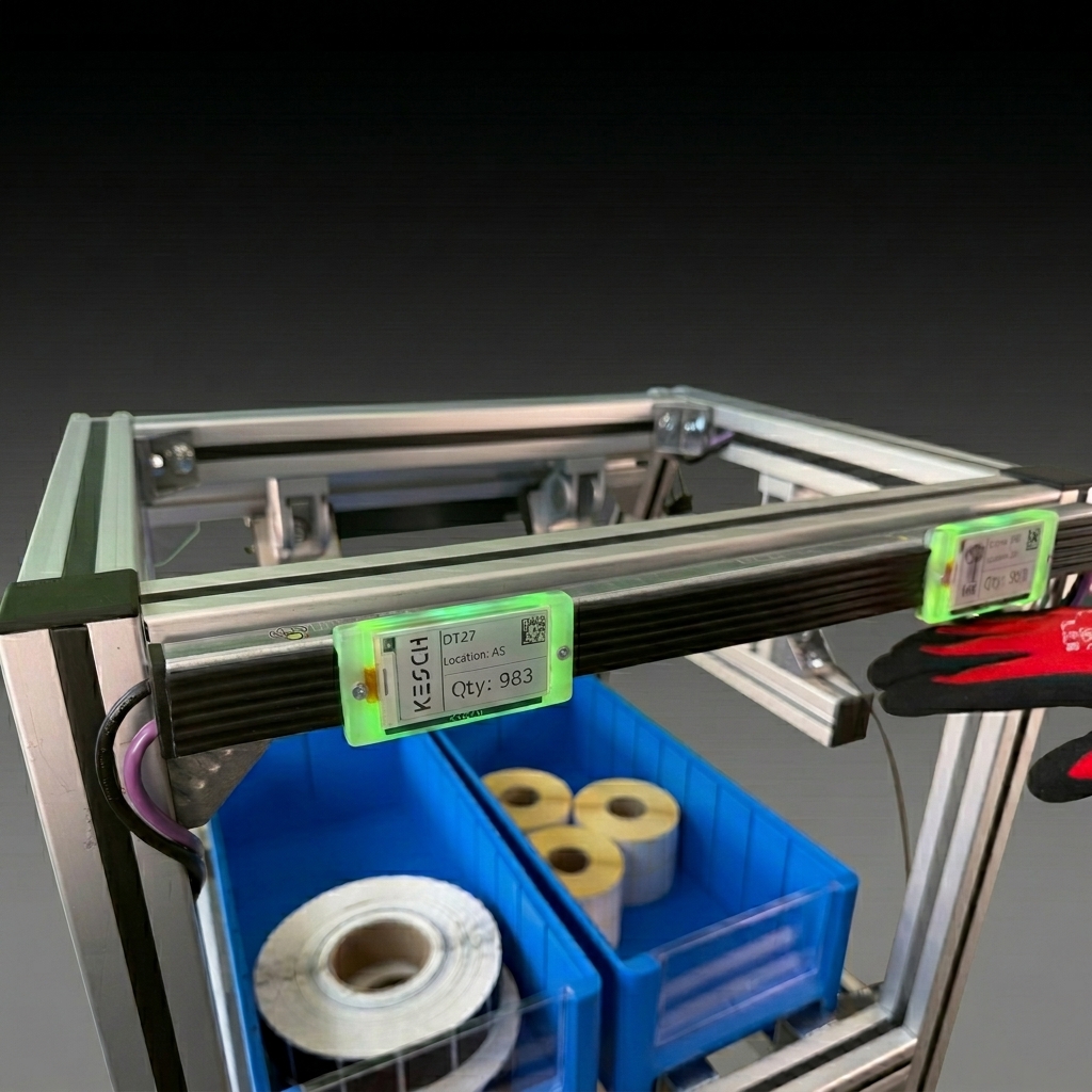 KEPS DT27 pick-by-light label glowing green on rack with operator in red glove picking