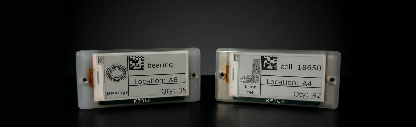 KEPS DP27 passive e-ink shelf labels on industrial rack